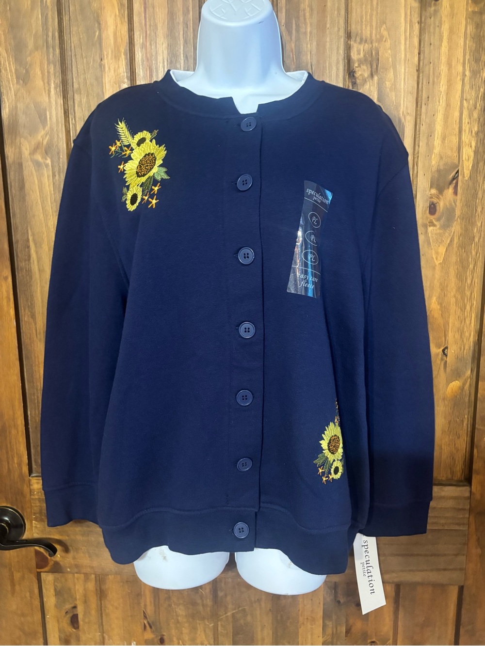 NWT Speculation Petite Fleece Cardigan Navy Sunflower Embroidered Size PL
